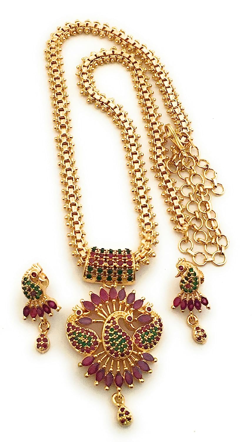 One Gram Gold Plated Peacock Designer Traditional Jewellery Set with Earrings