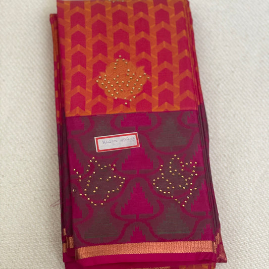 Soft Silk Semi Silk Saree with stone work pallu and Aari work attached blouse piece