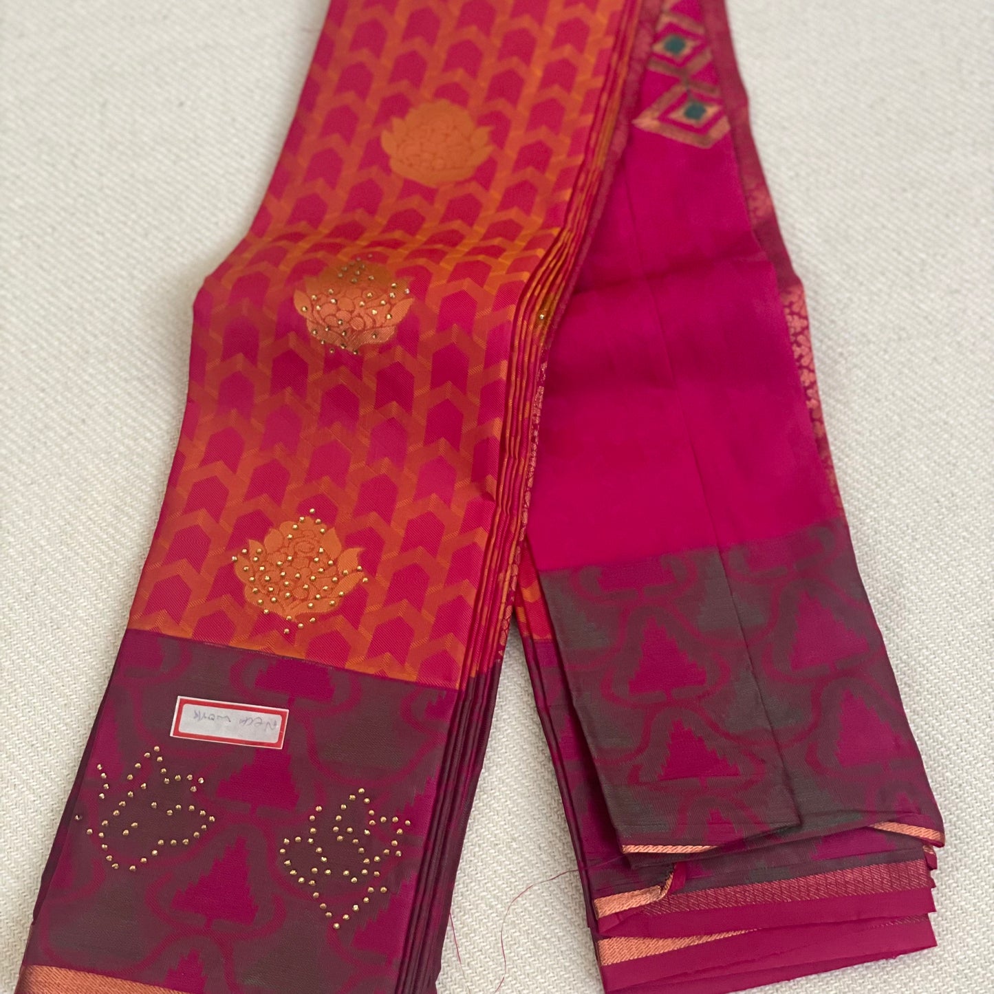 Soft Silk Semi Silk Saree with stone work pallu and Aari work attached blouse piece