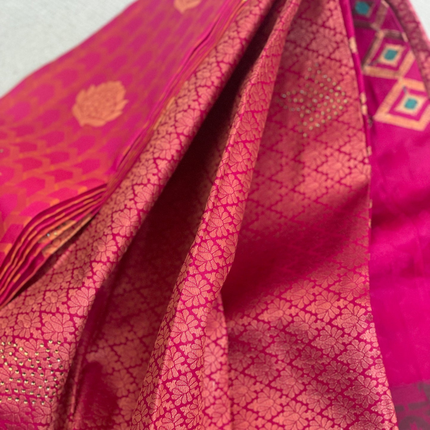 Soft Silk Semi Silk Saree with stone work pallu and Aari work attached blouse piece