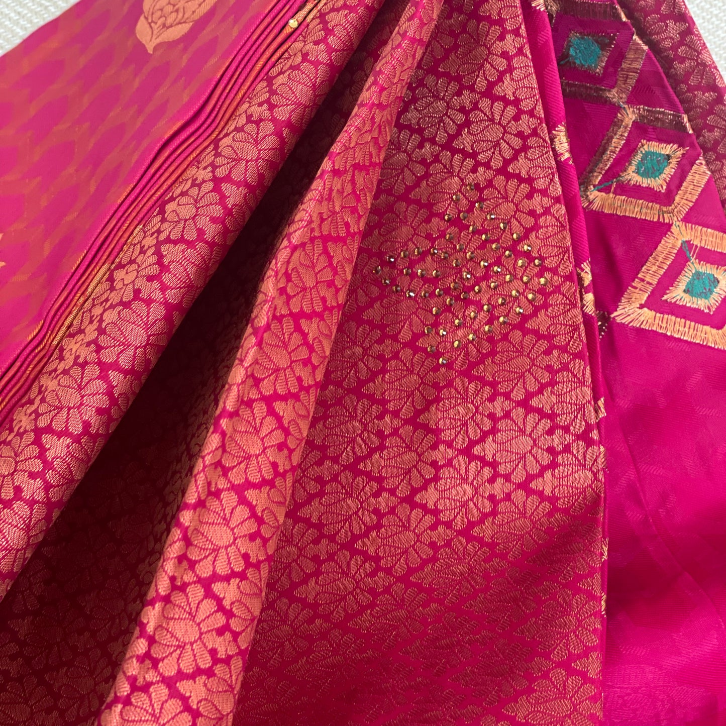 Soft Silk Semi Silk Saree with stone work pallu and Aari work attached blouse piece