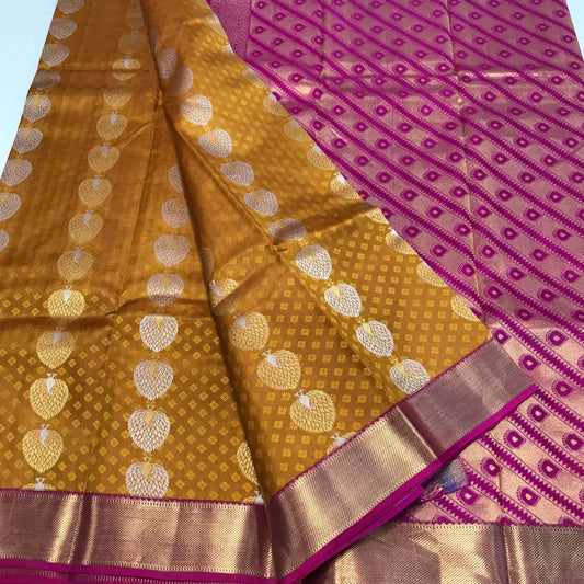 Mustard Meena work Kanchipuram pure silk soft silk saree