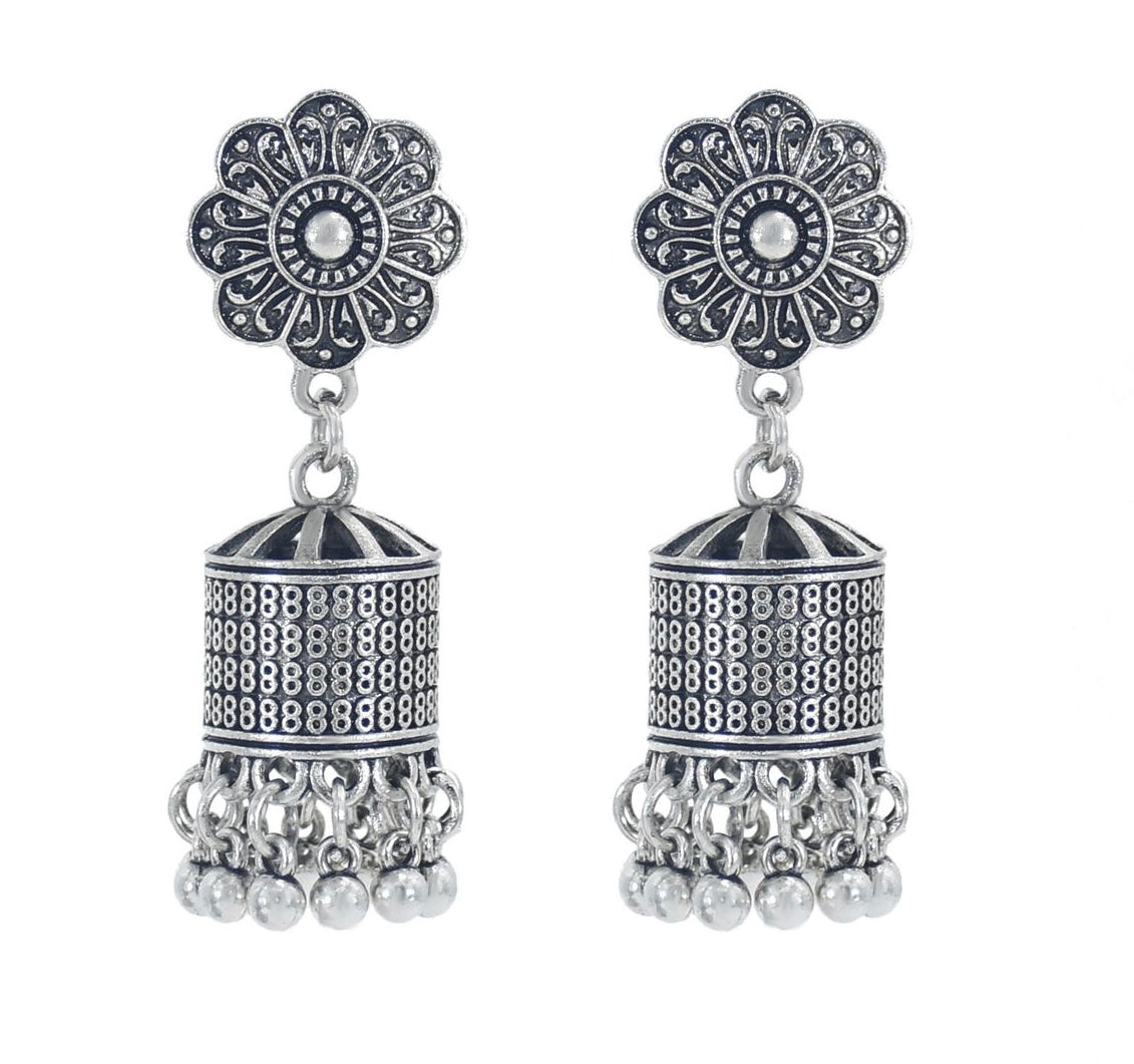 Oxidised silver earring traditional cage jimikki