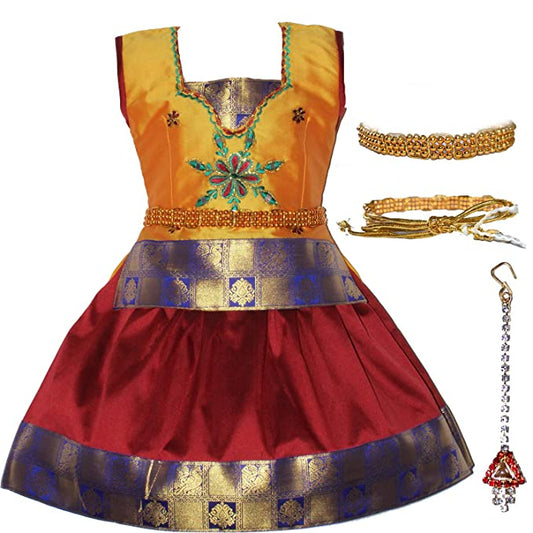 Maroon Pattu Pavadai Chattai with waist chain and nethichutti