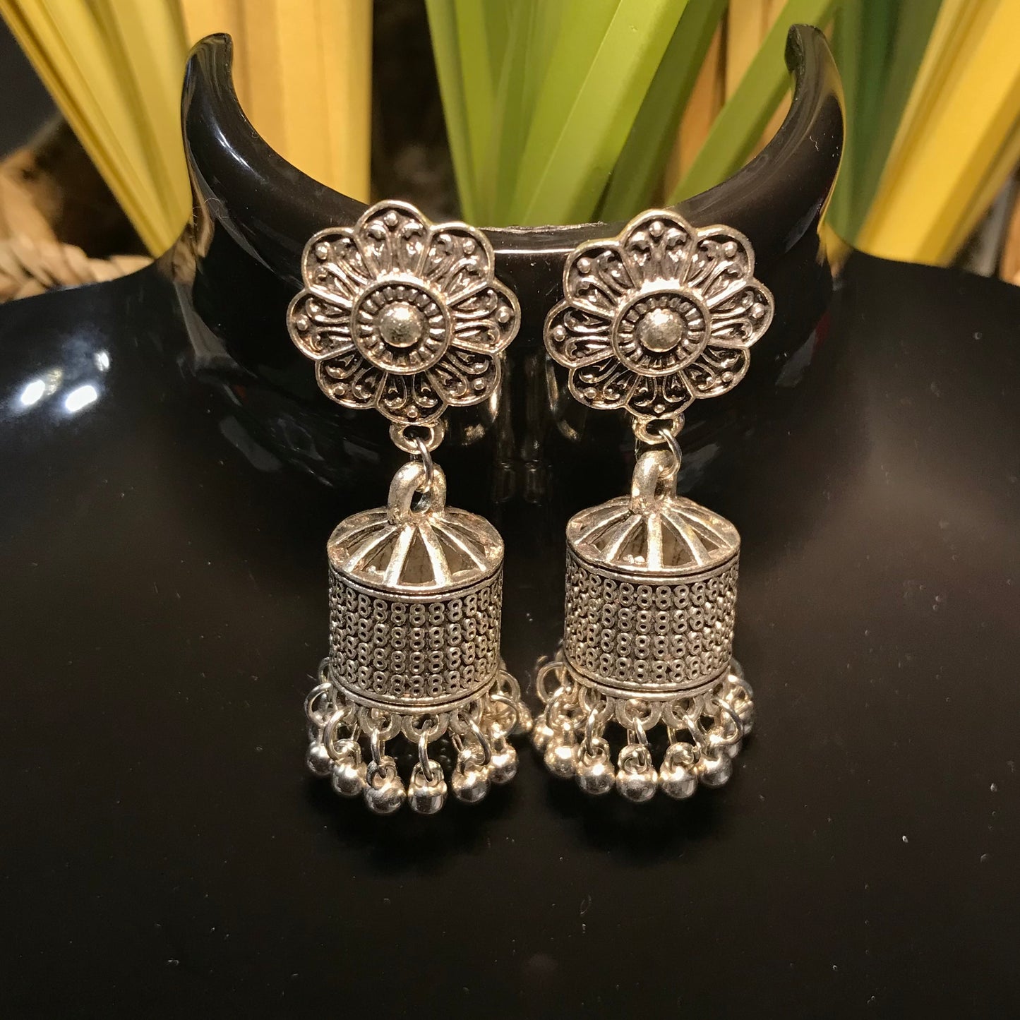 Oxidised silver earring traditional cage jimikki