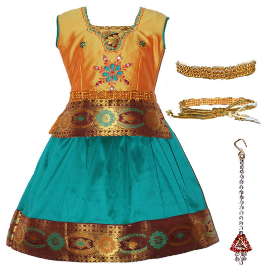 Green Pattu  Pavadai chattai with waist chain and nethichutti