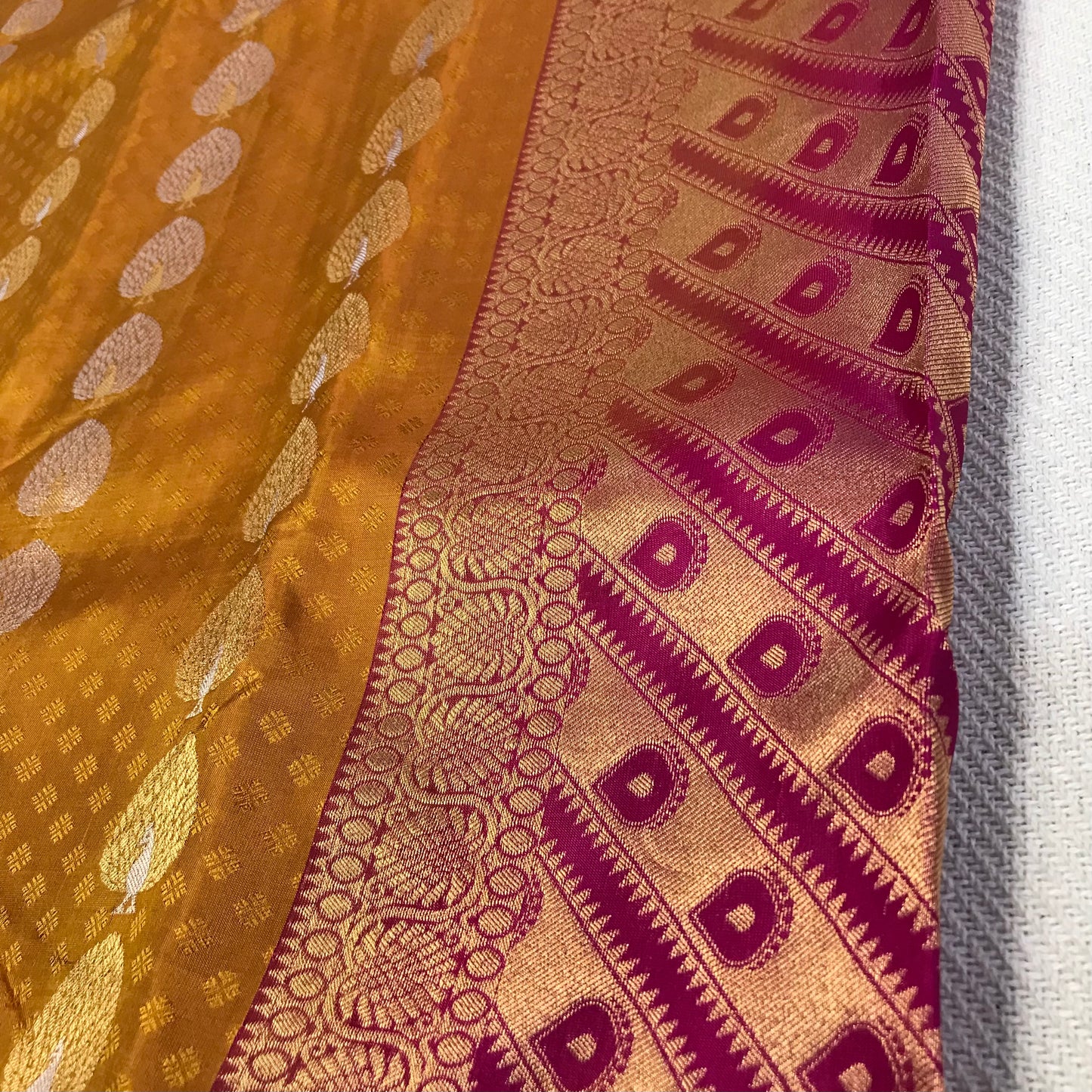 Mustard Meena work Kanchipuram pure silk soft silk saree