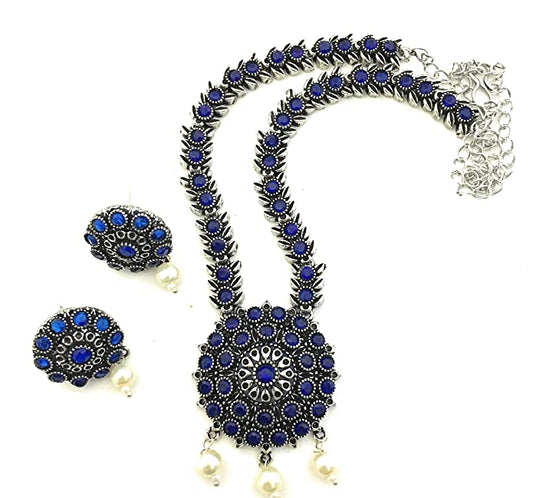 German Silver Stone Studded Oxidized Short Jewellery Set - 18 Inches