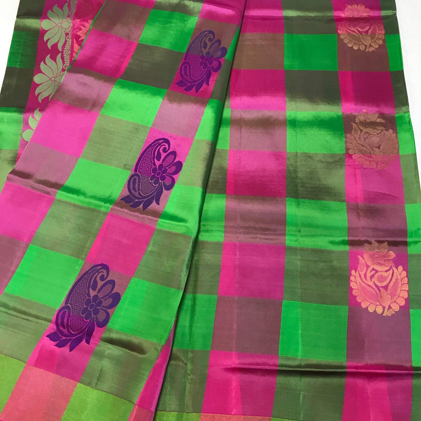 Green and Pink Chequered Half Fine Jari Kanchipuram silk saree