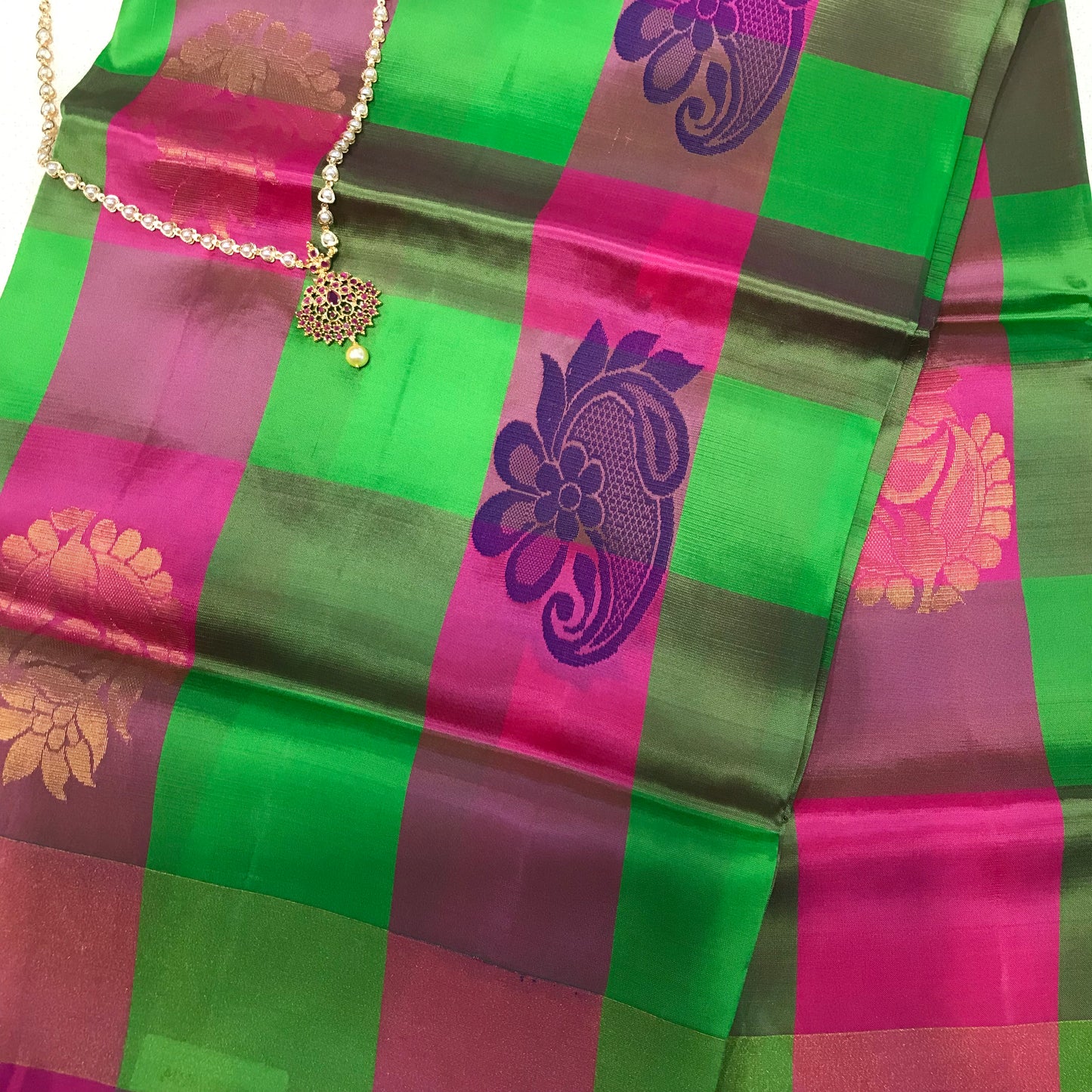 Green and Pink Chequered Half Fine Jari Kanchipuram silk saree