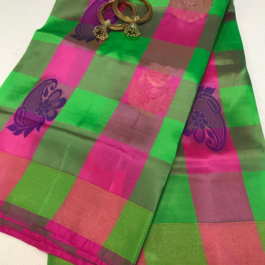 Green and Pink Chequered Half Fine Jari Kanchipuram silk saree