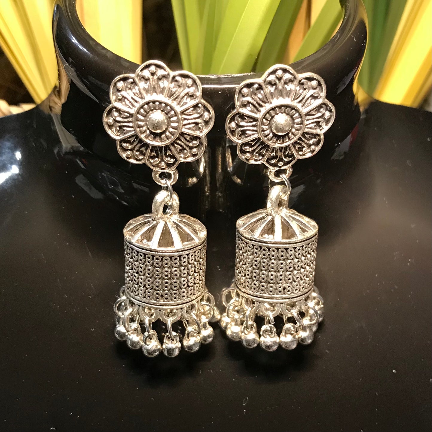 Oxidised silver earring traditional cage jimikki