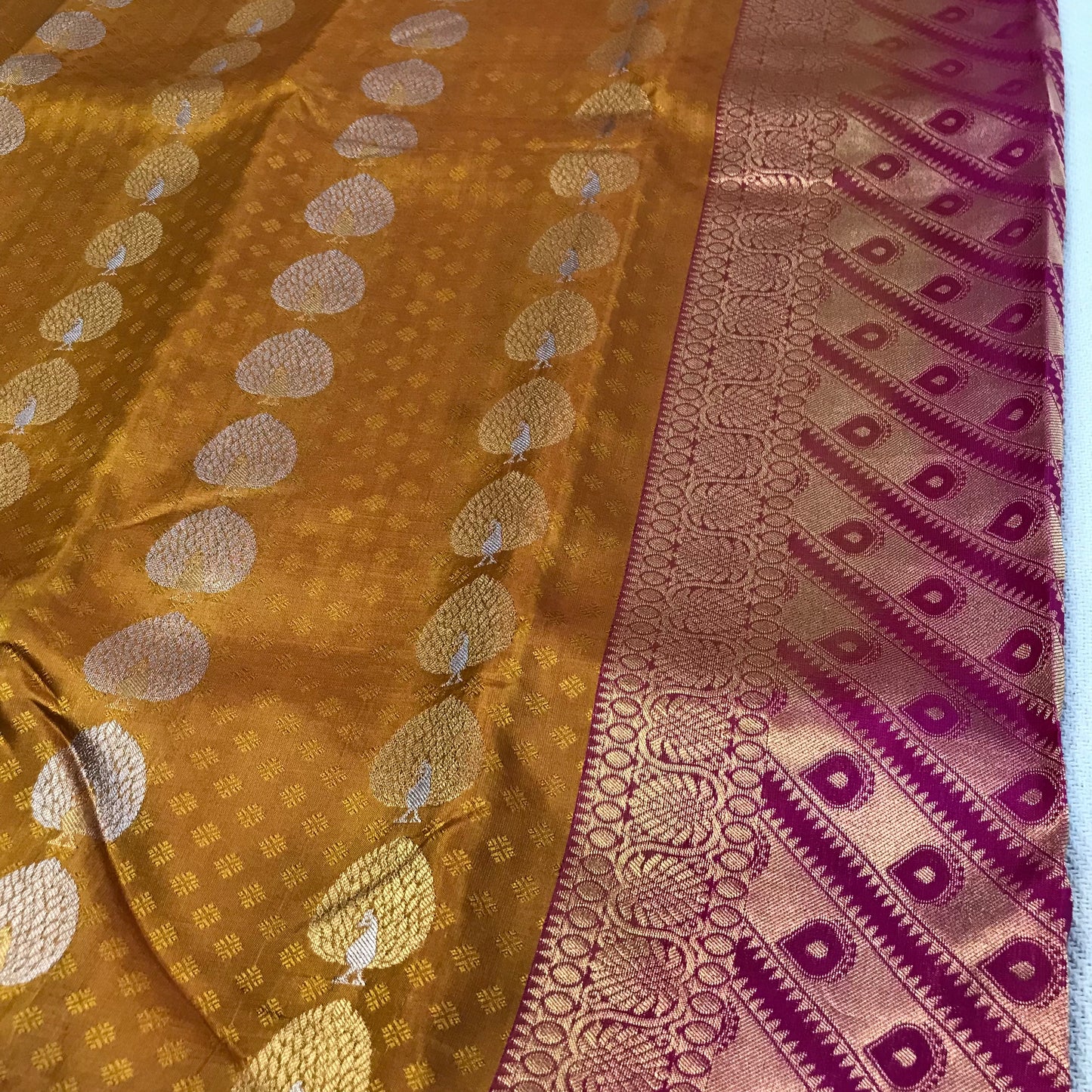 Mustard Meena work Kanchipuram pure silk soft silk saree