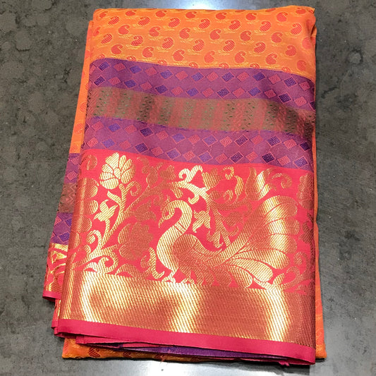 Orange and purple Handwoven Soft Silk Saree