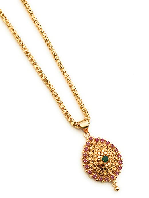 1 Gram Micro Gold Plated Traditional Handmade Ruby Emerald Dollar with 24 Inches Long Chain