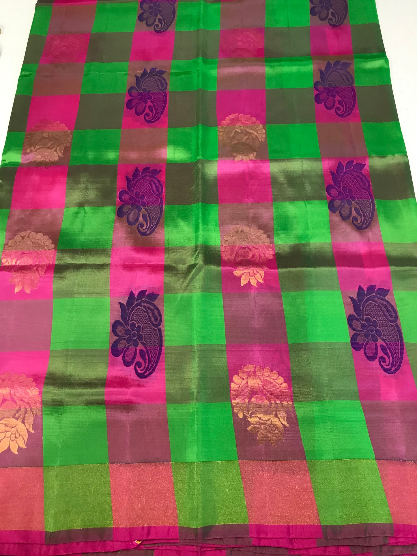 Green and Pink Chequered Half Fine Jari Kanchipuram silk saree