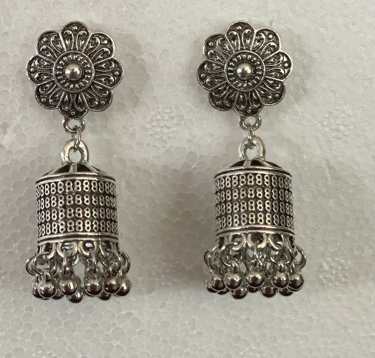 Oxidised silver earring traditional cage jimikki