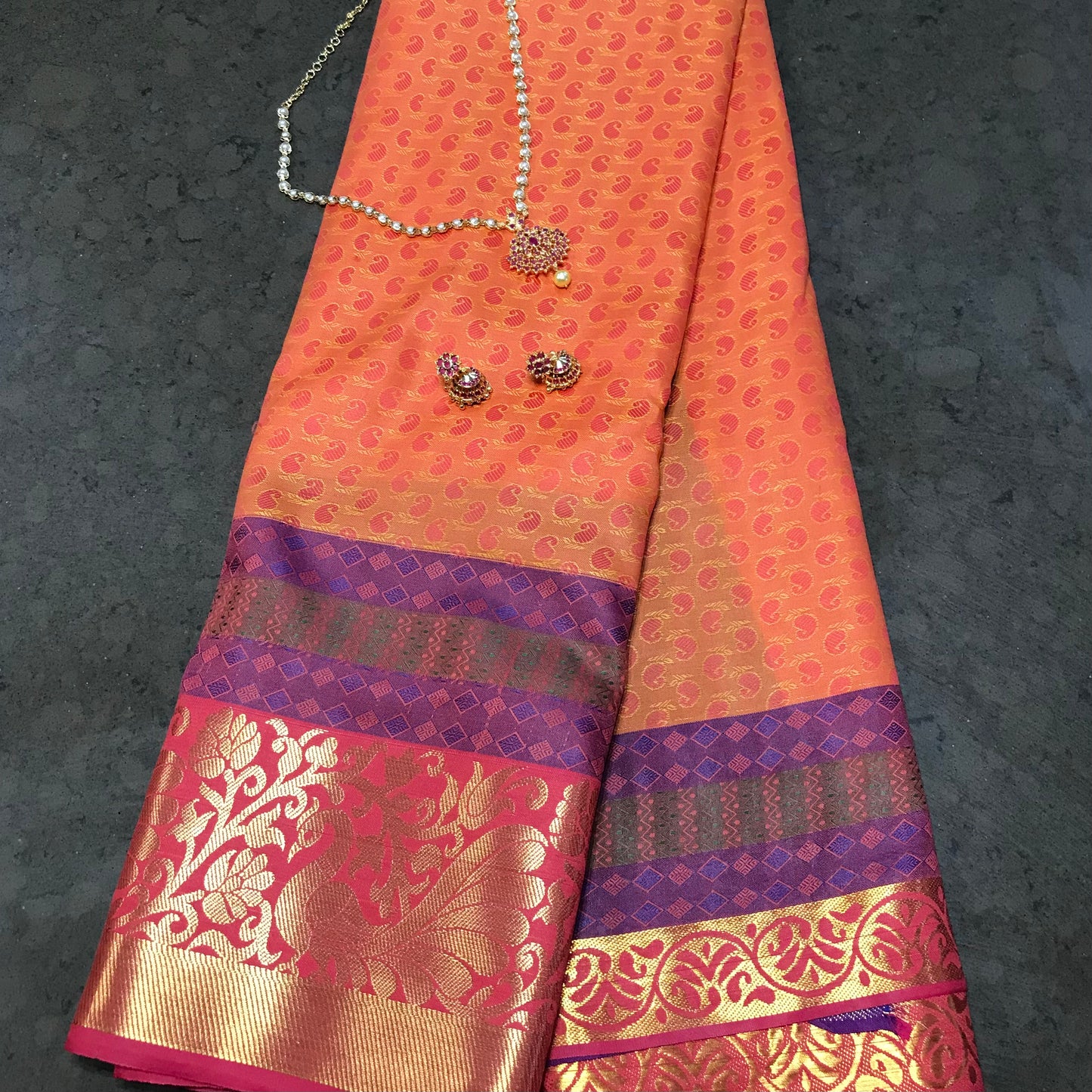 Orange and purple Handwoven Soft Silk Saree