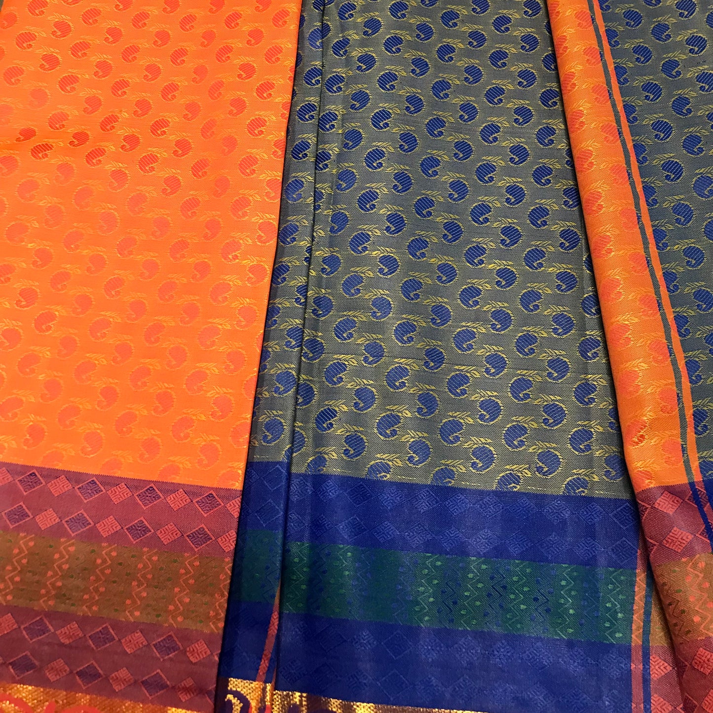 Orange and purple Handwoven Soft Silk Saree