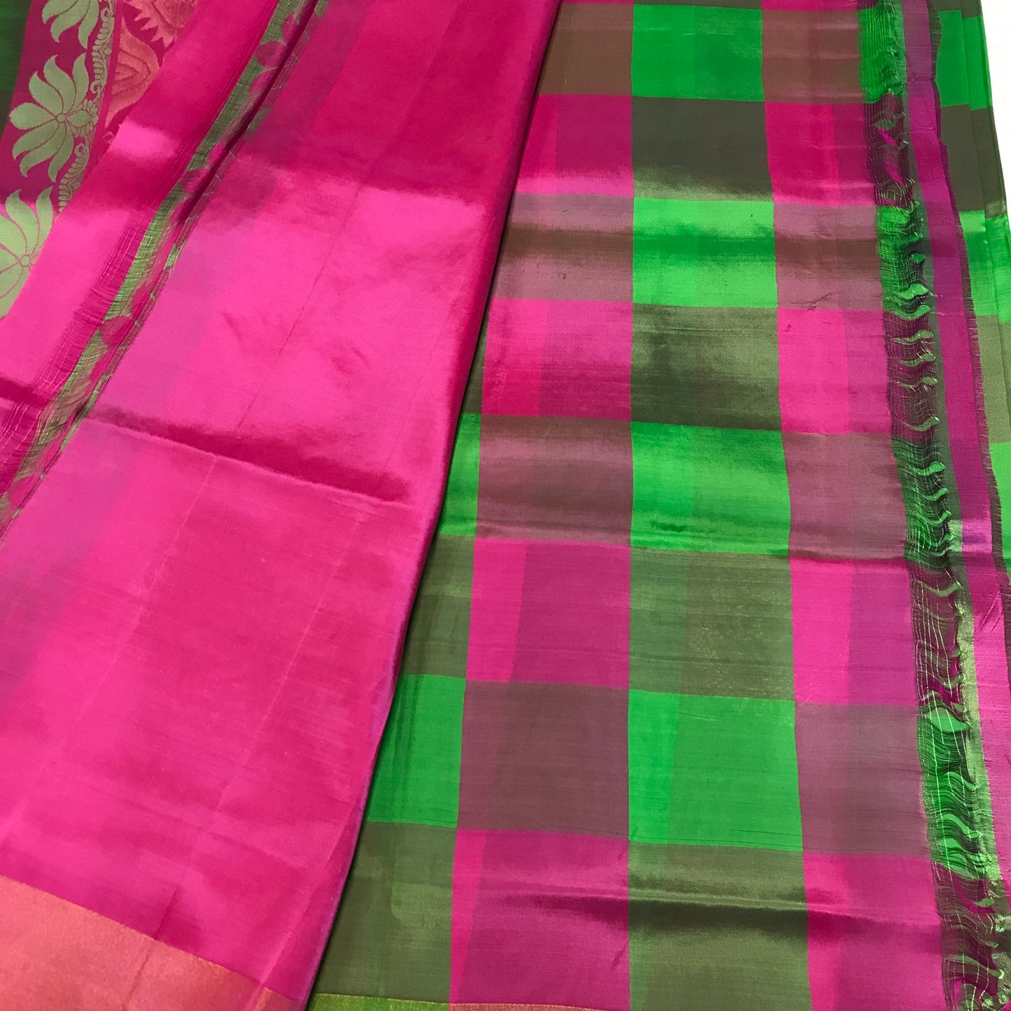 Green and Pink Chequered Half Fine Jari Kanchipuram silk saree